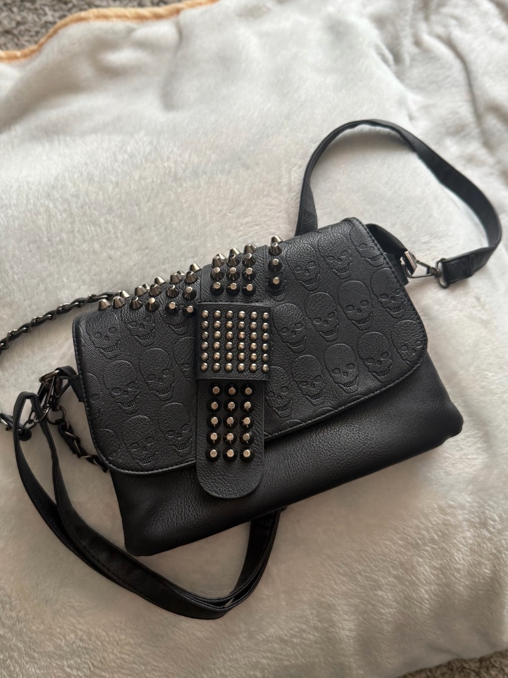 Black Studded Skull-Embossed Crossbody Bag